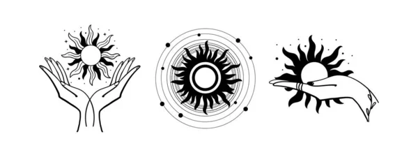 Egy sor misztikus logó a nappal. A kéz fogja a napot. Szett vektor rajzok tetoválás, boho design, asztrológia, horoszkóp. Fekete firka illusztráció elszigetelt fehér háttér. — Stock Vector