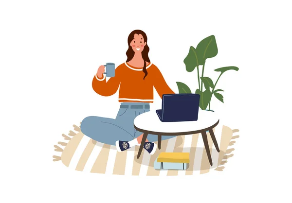 年轻快乐的女人正坐在地板上，喝咖啡，在电脑上工作。远程工作、在线教育、家庭办公室、与朋友的在线会议。平面卡通矢量插图 — 图库矢量图片