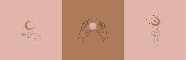 Kadın eli logoları, doğrusal çizimler. Farklı el hareketleri, ay, hilal, yıldızlar ve gezegen içeren vektör tasarım şablonları. Kozmetik, güzellik, dövme, astroloji, manikür, kuyumcu