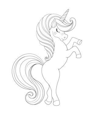 Tek boynuzlu at, sihirli at, doğrusal el çizimi. Anaokulundaki eğitim aktiviteleri için çocuk boyama kitabı, davetiyeler, doğum günü, tatil. Vektör illüstrasyonu beyaz arkaplanda izole edildi