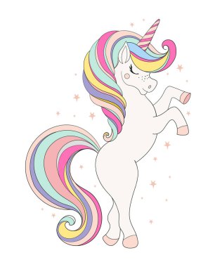 Beyaz arka planda izole edilmiş şirin tek boynuzlu at ile vektör illüstrasyonu. Doğum günü için düz çizgi film tasarımı, davetiye, tebrik kartı, çocuk odası baskısı, bebek partisi. Büyülü hayvan muhteşem