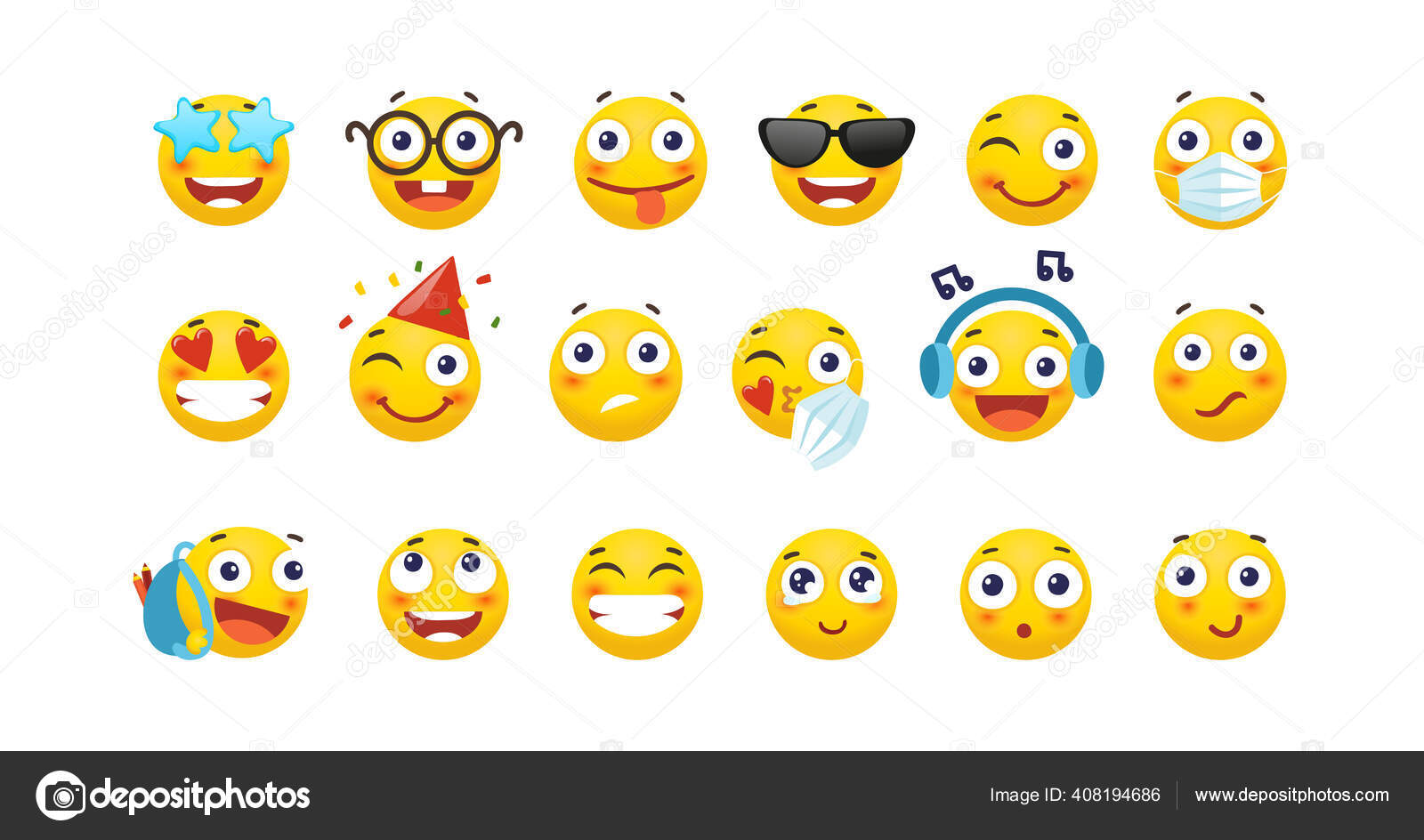 Set of cute emoticons. Yellow round emoji with different emotions, love,  happiness, sadness, holiday, trendy, wink. Set of characters in a flat  style. Stock Vector Image by ©Antusenok #408194686