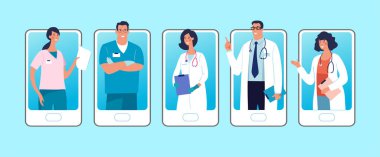 Ekranda kadın ve erkek karakterli telefonlar var. Online klinik kavramı, tıbbi uzmanlarla görüşme ve video danışmanlığı. Düz vektör illüstrasyonu.