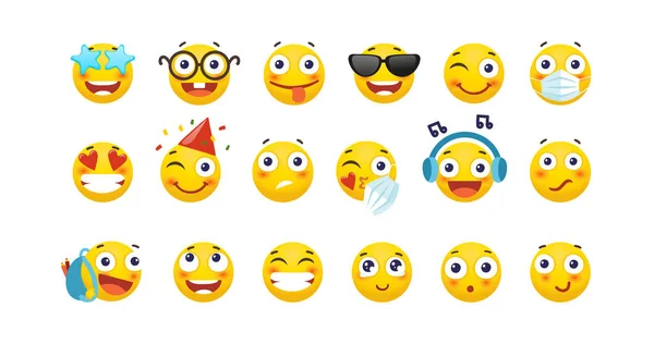 Set of cute emoticons. Yellow round emoji with different emotions, love, happiness, sadness, holiday, trendy, wink. Set of characters in a flat style.