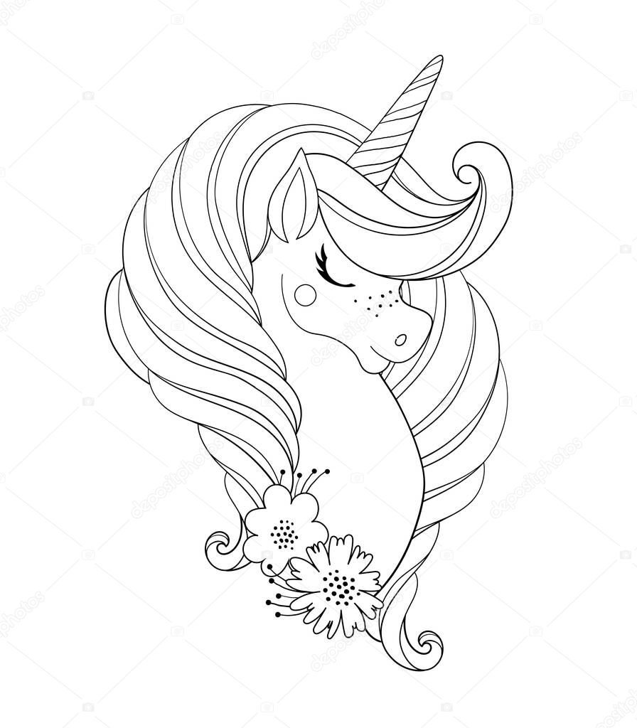 Unicorn head with flowers. Beautiful portrait of a magic horse. Drawing coloring book for a girl, linear sketch for design. Vector doodle illustration isolated on white background.