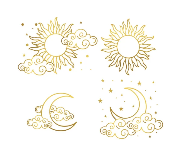 Mystical gold boho style tattoos with sun, crescent, stars and clouds. Linear design, gold foil. A set of elements for astrology, mysticism and divination. Vector illustration isolated on white — Stock Vector