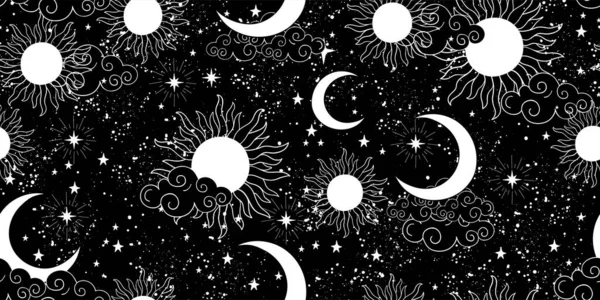 Padrão de espaço preto e branco sem costura com sol, crescente e estrelas em um fundo azul. Ornamento místico do céu noturno para papel de parede, tecido, astrologia, adivinhação. Ilustração vetorial. —  Vetores de Stock