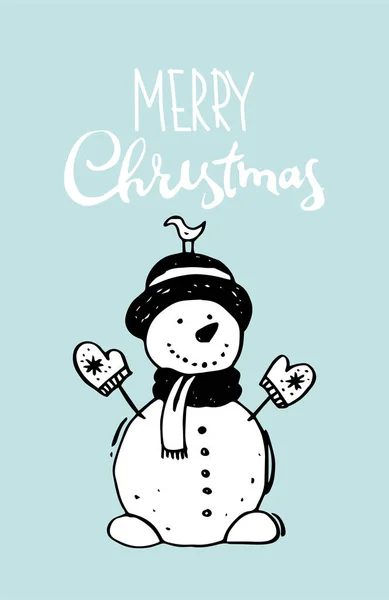 Счастливого Рождества и счастливого Нового года. Веселый снеговик в рукавицах, шарф и шляпа на синем фоне с надписью. Сезонные поздравления. Плоская зимняя иллюстрация. — стоковый вектор