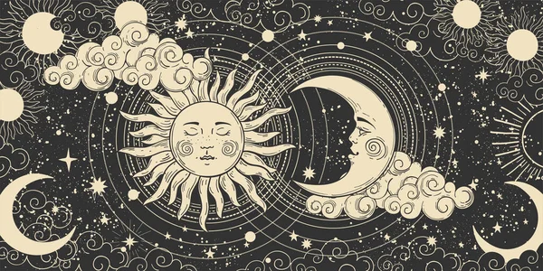 Varázslatos transzparens asztrológiához, égi alkímiához. Mennyei művészet az állatöv számára, tarot, az univerzum eszköze, félhold arccal, felhők, nap a holddal a fekete háttéren. Ezoterikus vektor — Stock Vector