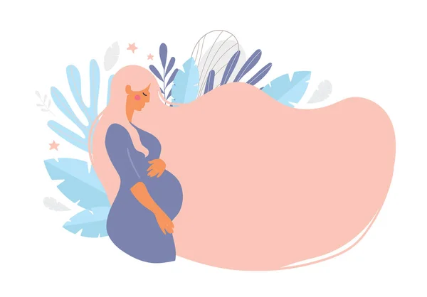 葉を背景に金髪の長い可愛い妊婦さん。妊娠、母親、家族の概念。コピースペース付きのフラットデザイン。妊娠中の腹側の眺め。白で分離された株式ベクトル — ストックベクタ