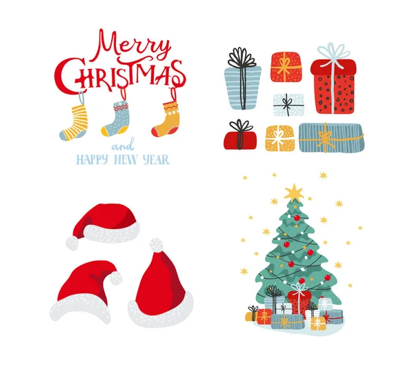 New Year Card Christmas Tree Santa Hat Presents Elements Festive — Stock Vector