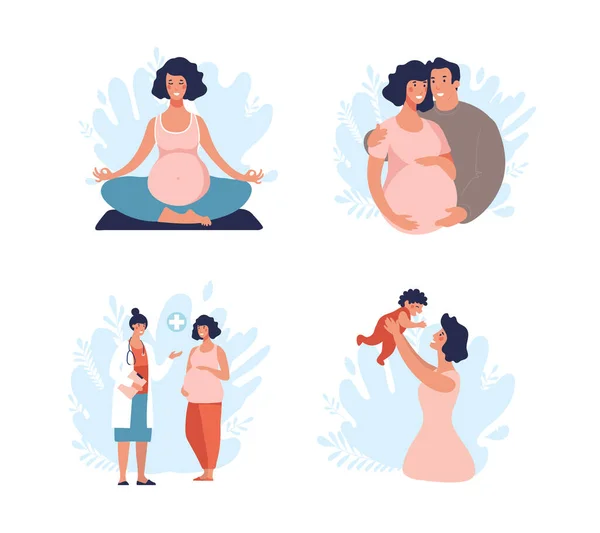 Una Serie Illustrazioni Gravidanza Maternità Papà Mamma Con Bambino Bambino — Vettoriale Stock