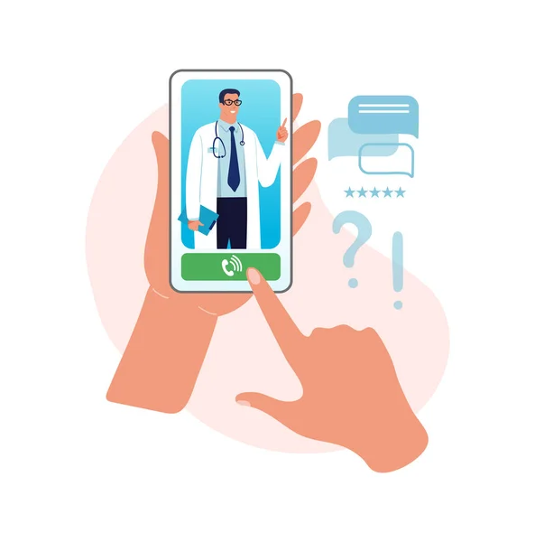 Online Consultation Doctor Reception Hospital Video Call Hands Holding Smartphone — Stock Vector