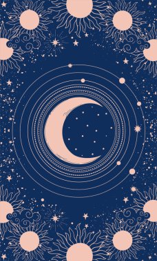 Tasarım için mistik çizim, mavi arka planda bir ay. Kutsal geometri, astroloji, tarot, boho. Kartpostal, poster ve kapak için vektör illüstrasyonu