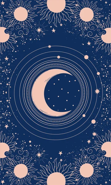 Disegno Mistico Disegno Mese Sfondo Blu Geometria Sacra Astrologia Tarocchi — Vettoriale Stock