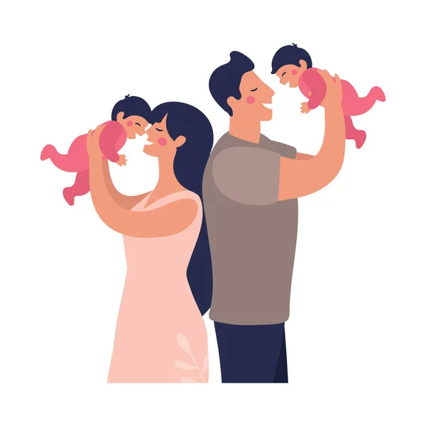 Young parents play with twins. Happy dad and mom hold children in their arms. Flat vector illustration in cartoon style.