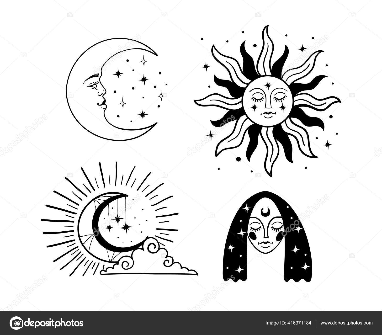 Set Beautiful Mystical Elements Boho Style Sun Crescent Face Moon Stock  Vector Image by ©Antusenok #416371184