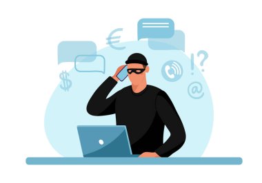 İnternet telefon suçları. İnternet dolandırıcılığının kavramsal çizimi, siber suç, veri hacklemesi. Çizgi film tasarımı beyaz arkaplanda izole edildi. Düz vektör illüstrasyonu.