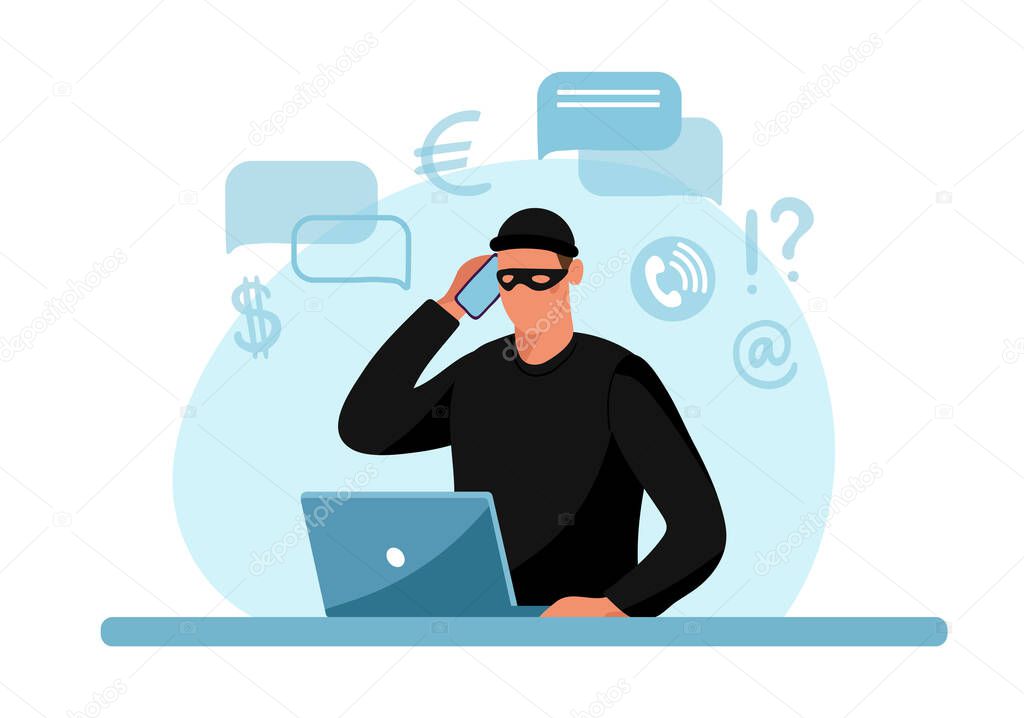 Internet phone crime. Conceptual illustration of online internet fraud, cybercrime, data hacking. Cartoon design isolated on white background. Flat vector illustration.