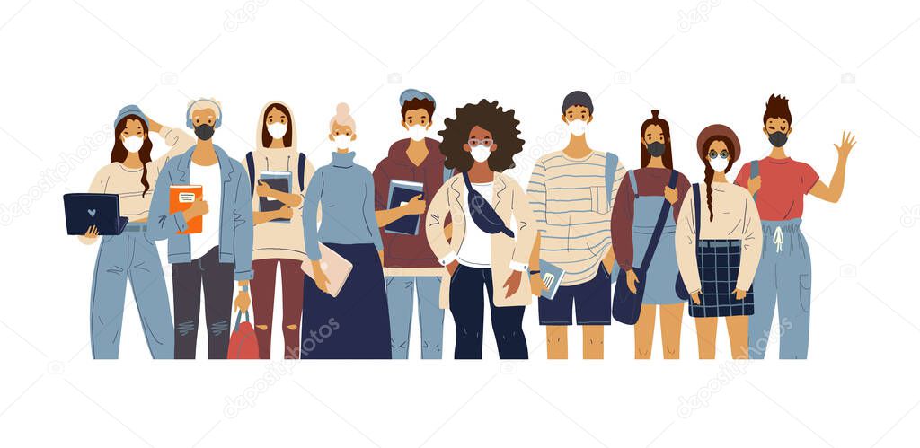 A crowd of standing people in medical masks. Male and female characters in modern clothes, flat design, cartoon style, students and teachers. Vector illustration.