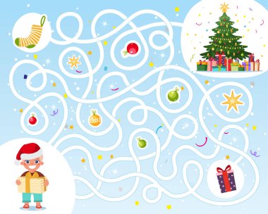 Çocuğun Noel hediyelerini bulmasına yardım et. Çocuklar için bir labirent. Anaokulu için eğitici bir oyun. Düz çizgi film dizaynında labirent, vektör.
