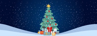 Fotokopi alanı olan modern Noel afişi. Kış manzarasının arka planında hediyelerle süslenmiş Noel ağacı, kış karı. Tasarım için düz vektör illüstrasyonu.