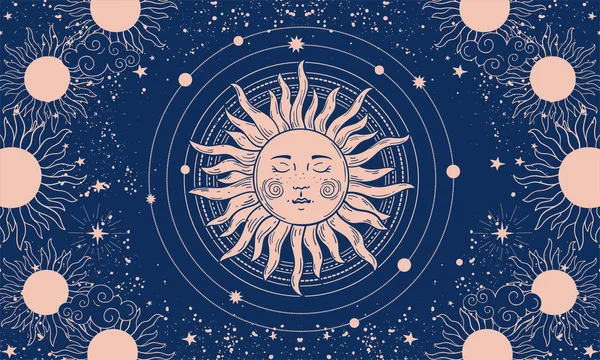 Dibujo místico para astrología o diseño boho, sol con rostro sobre fondo azul. Geometría sagrada. Ilustración vectorial para pancarta, póster, portada. — Vector de stock