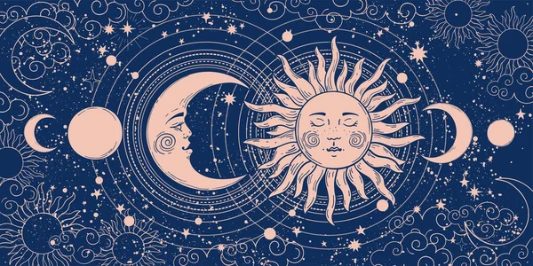 Banner mágico para astrología, tarot, diseño boho. Arte universal, luna creciente y sol sobre un fondo azul. Ilustración del vector esotérico, patrón. — Archivo Imágenes Vectoriales