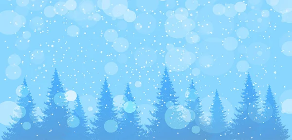Floresta de neve na floresta de inverno. Paisagem azul moderna com espaço de cópia. Ilustração vetorial. Fundo de Natal para cartão de saudação. Banner de Ano Novo com céu azul, árvores nevadas, neve, floresta nevada. — Vetor de Stock
