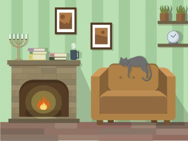 Kedi, koltuk ve şömine ile vektör iç oda. Arka plan