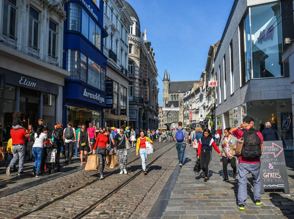 Gent, Belgium - Oct 6, 2018. People walking on street in Gent, Belgium. Gent (Ghent) is fourth-largest and most beautiful city.