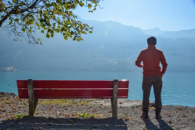 Lakeside Park Brienz, İsviçre ahşap Bank ile zevk genç bir adam.