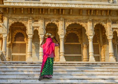 Jodhpur, Hindistan antik Tapınağı'nda içinde geleneksel bir kadın.