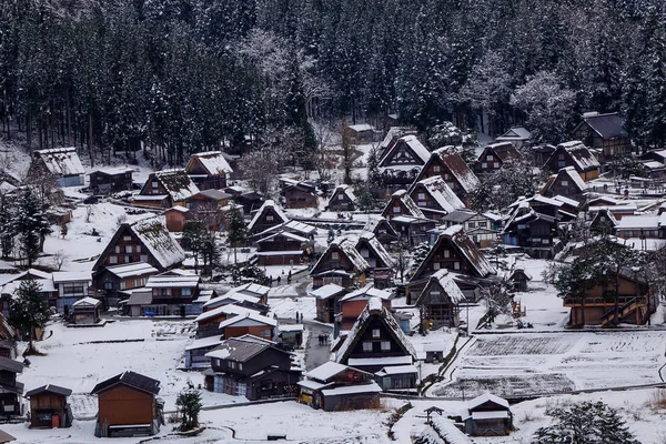 Пташиного Польоту Історичного Селища Shirakawago Взимку Ґіфу Японія Одним Японії — стокове фото