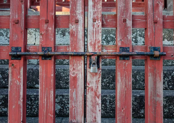 Red Wooden Fence Ancient Temple Nagano Japan — Stock Photo, Image
