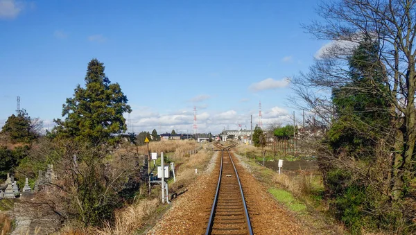 Percorsi Ferroviari Vuoti Con Alberi Verdi Erba Intorno — Foto Stock