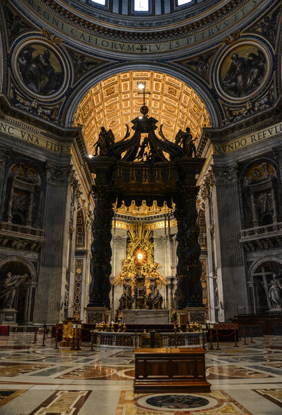 Rome, Italy - Oct 16, 2018. Interior of St Peter Basilica (San Pietro) in Rome, Italy. The church is historical architecture of Vatican, and one of main attractions of Roma.