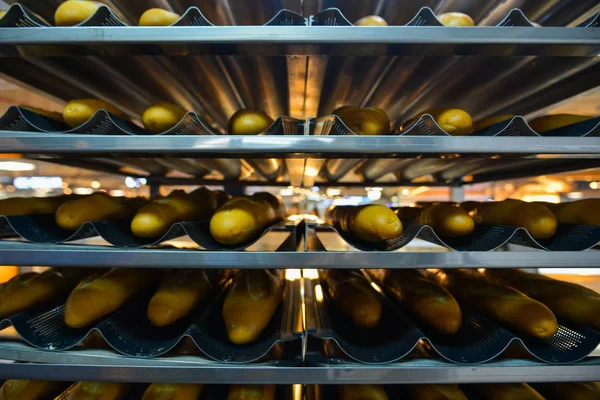 Muitos Pão Fresco Pronto Forno Padaria Uma Padaria — Fotografia de Stock