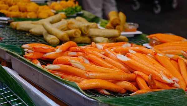 Crab meat in sticks at street market in Bangkok, Thailand. — Stock Image Crab Meat Sticks Street Market Bangkok Thailand Royalty Free Stock Photos