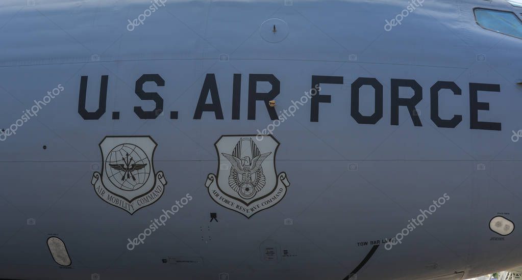 Singapore - Feb 10, 2018. Logos on a United States Air Force (USAF) Boeing KC-135 Stratotanker in Changi, Singapore.