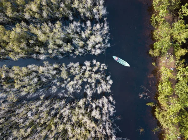 Vista Aérea Barco Madeira Melaleuca Floresta Arbórea Mekong Delta Sul — Fotografia de Stock