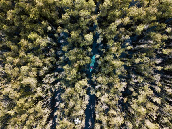 Vista Aérea Barco Madeira Melaleuca Floresta Arbórea Mekong Delta Sul — Fotografia de Stock