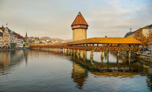 Lucerne Svájc Október 2018 Naplemente Tájat Kápolna Híd Lucerne Városában — Stock Fotó