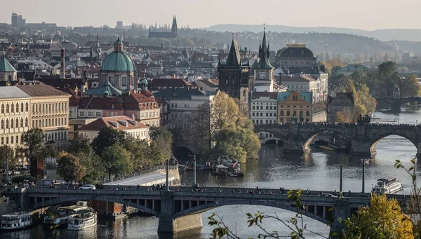 Pontes Praga Sobre Rio Vltava Dia Ensolarado Vista Panorâmica Letna — Fotografia de Stock
