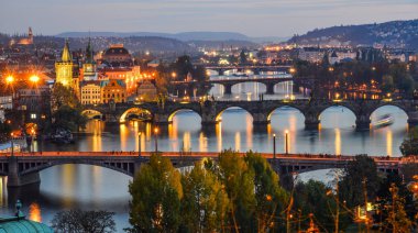 Prag (Praha), Çek Cumhuriyeti, gece Vltava Nehri üzerinde köprü görünümü.