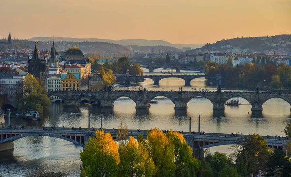 Ponts Prague Sur Rivière Vltava Par Une Journée Ensoleillée Vue — Photo