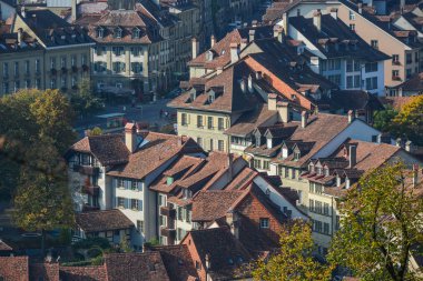 Bern, İsviçre Ortaçağ şehrin havadan görünümü. Bern tarihi eski şehir UNESCO Dünya Miras Listesi 1983 yılında oldu..