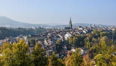Bern, İsviçre Ortaçağ şehrin havadan görünümü. Bern tarihi eski şehir UNESCO Dünya Miras Listesi 1983 yılında oldu..