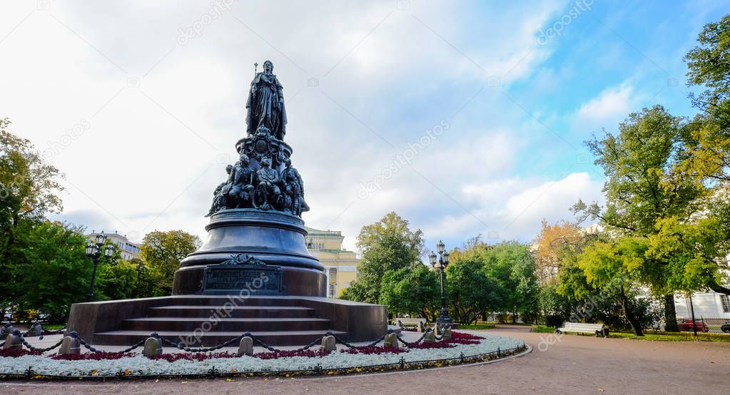 A bronze monument to Catherine the Great on Ostrovsky Square in Saint Petersburg, Russia.
