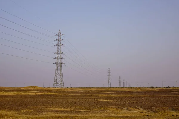 Electricity Pylon Towers Desert Sunny Day — Stock Photo, Image